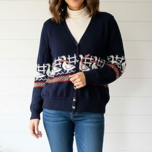VTG Ani Barrie Goose Cardigan Navy Blue Novelty Knit Duck Buttons Sz M
